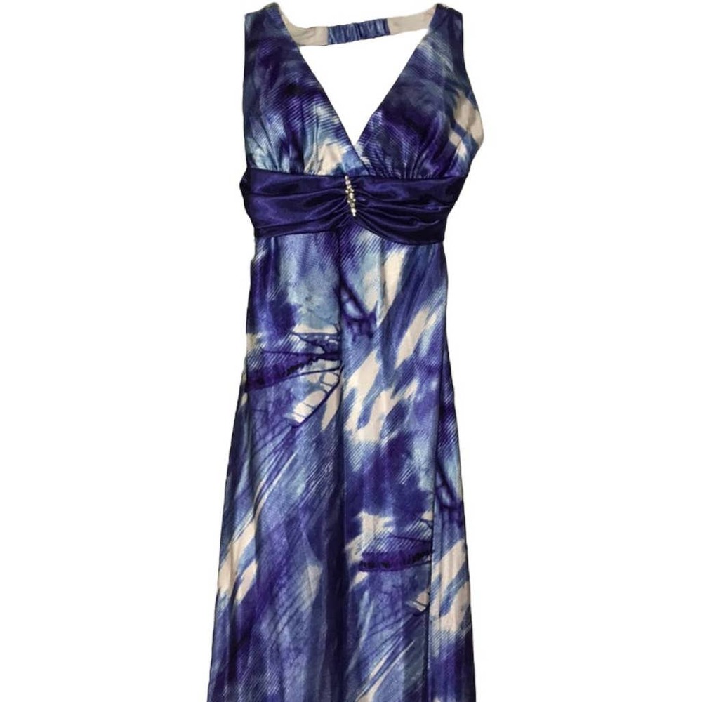 TABOO BLUE MULTI PATTERN EMBELLISHED WAIST MAXI DRESS 9/10